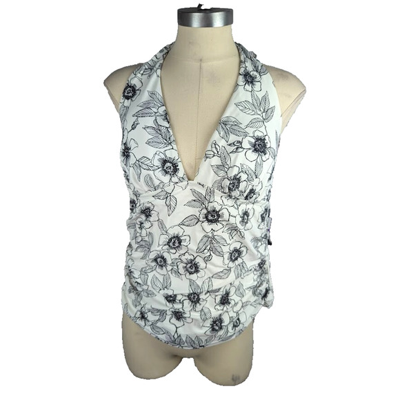 Tommy Hilfiger Printed Ruched Halter Tankini Top Blossom‎ Sketch Black White XXL - Picture 1 of 4